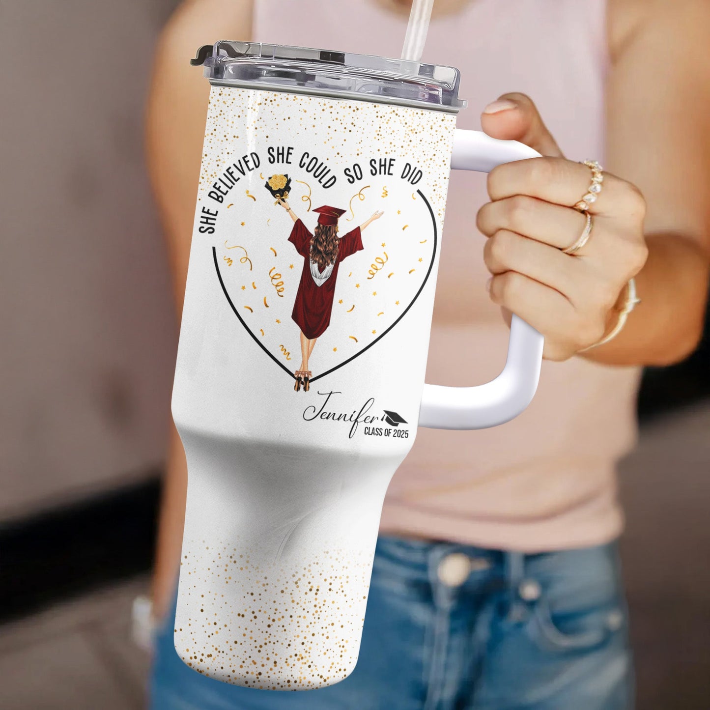 Personalized white 40oz tumbler with 'She Believed She Could So She Did' quote, graduation gift idea