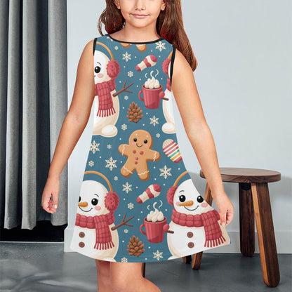 Girls' Christmas Sleeveless Dress – Soft Polyester Spandex, Breathable & Comfortable