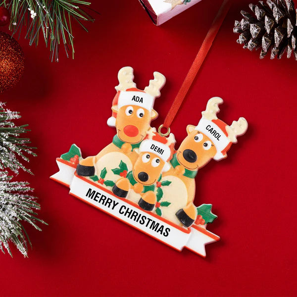 Personalized Reindeer Family Christmas Ornament with Merry Christmas text, resin decoration for festive gifting