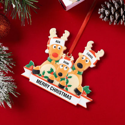 Personalized Reindeer Family Christmas Ornament with Merry Christmas text, resin decoration for festive gifting