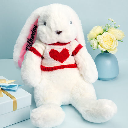 Personalized bunny plush toy with red heart sweater, a custom gift for children