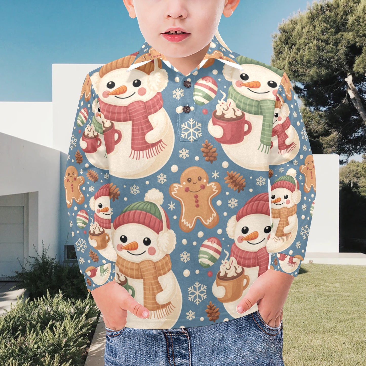 Little Boys’ Long Sleeve Christmas Polo Shirt – Santa & Reindeer, Snowman & Cocoa, or Gingerbread Wonderland | Festive Holiday Top for Kids (Ages 2–7)