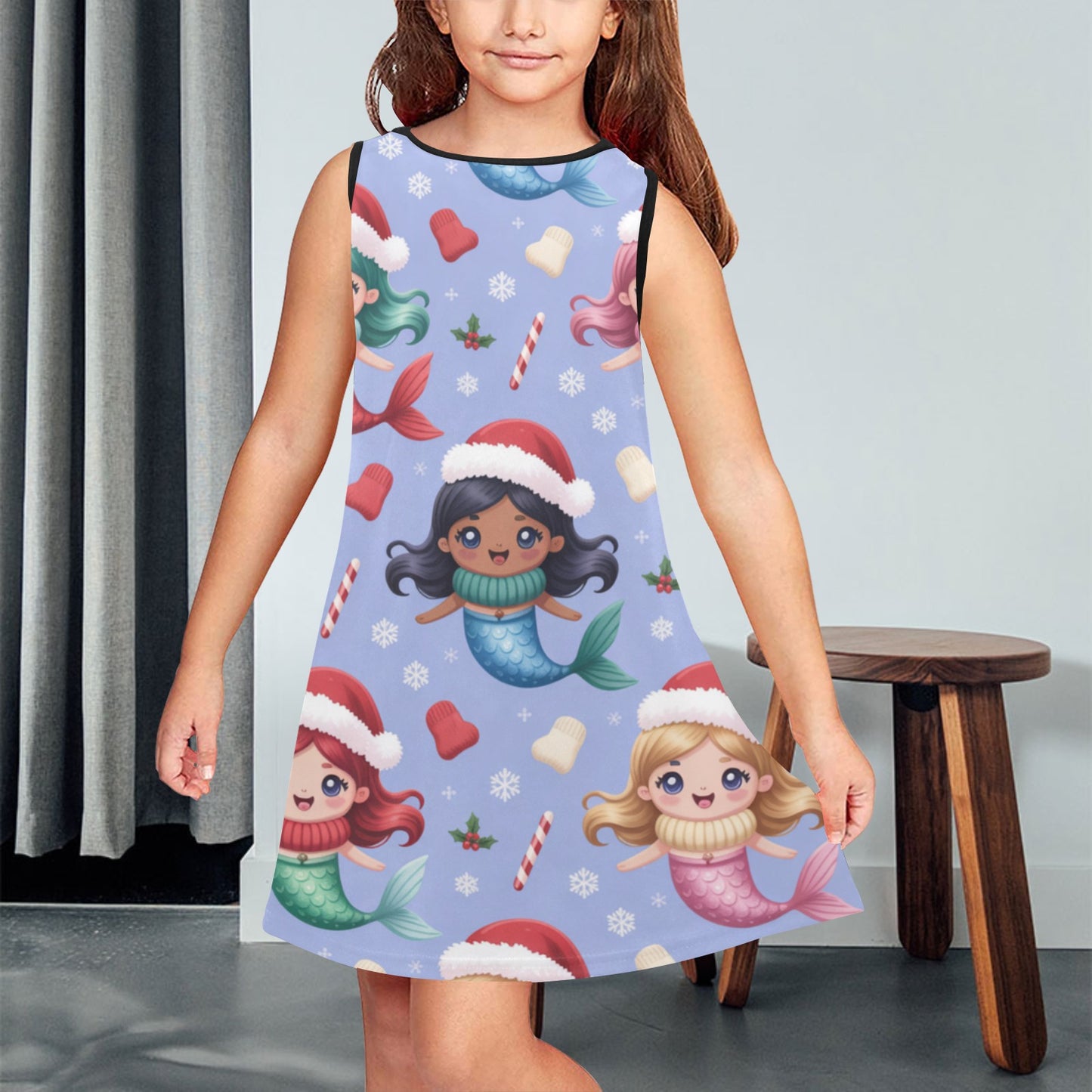 Girls' Christmas Sleeveless Dress – Soft Polyester Spandex, Breathable & Comfortable