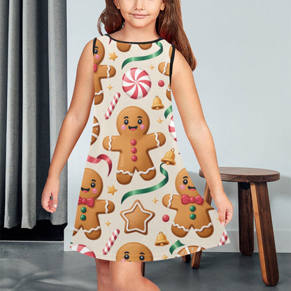 Girls' Christmas Sleeveless Dress – Soft Polyester Spandex, Breathable & Comfortable