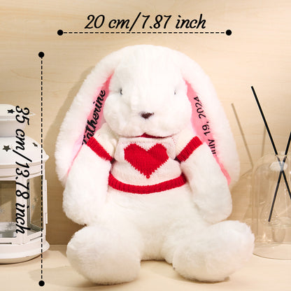 Personalized white bunny plush toy with red heart sweater, custom gift for children, 30cm width