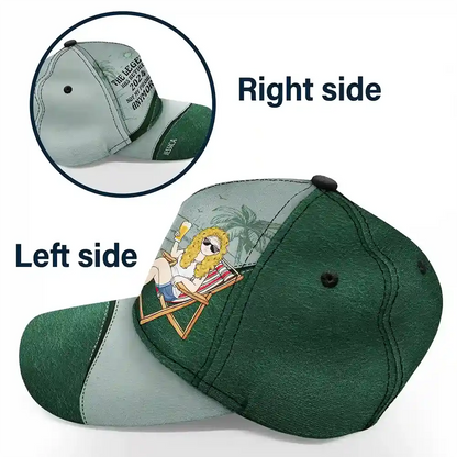 Personalized retirement classic cap, 'The Legend Has Retired' design, green and grey colors, polyester-cotton blend