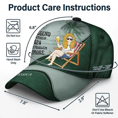 Retirement classic cap with retirement scene design, polyester-cotton, green and gray colors, care instructions