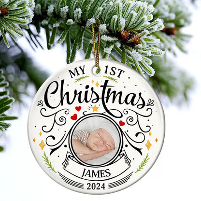 Personalized Baby's First Christmas Ornament, Circle Ceramic, Custom Photo, Name, and Year