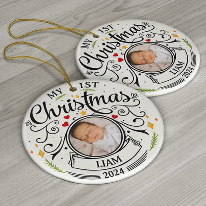 Personalized Baby's First Christmas Ornament with photo, name, and year. Circle ceramic design with rope.
