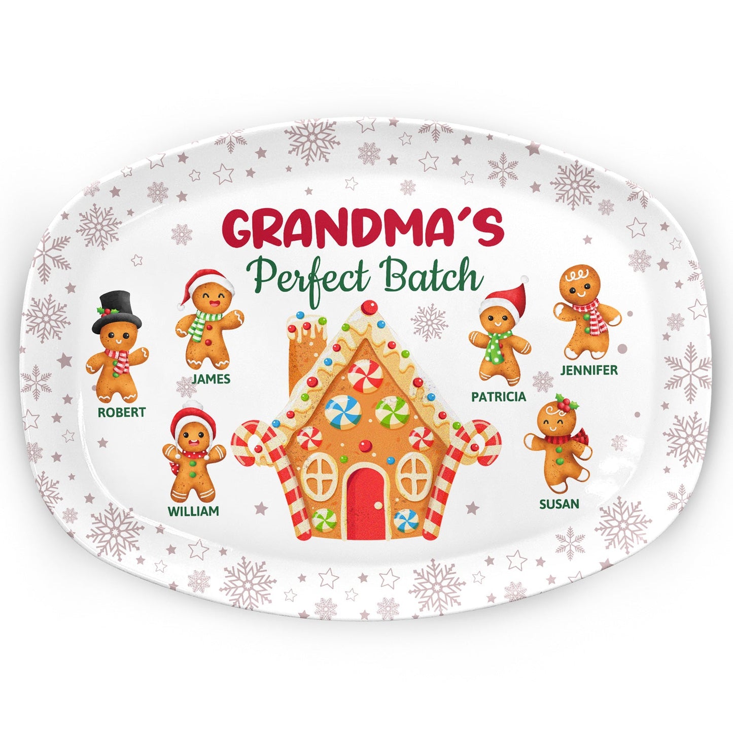 Personalized Grandma's Perfect Batch platter, Christmas gift, BPA-Free plastic, gingerbread design.