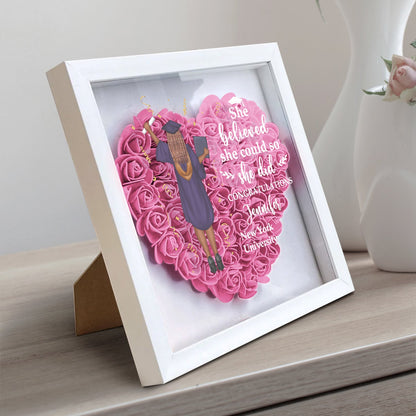 Personalized heart-shaped graduation gift shadow box with pink flowers, wood frame.