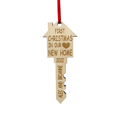 Engraved wooden key ornament, 'First Christmas in Our New Home' housewarming gift, 2022.