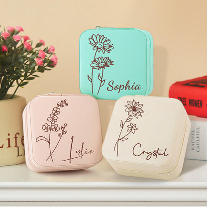 Personalized Birth Flower Jewelry Box with Custom Name, PU Leather Travel Jewelry Organizer, Perfect Gift for Her