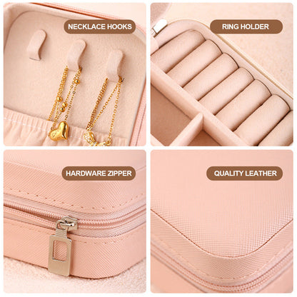 Pink PU leather jewelry organizer with multiple compartments for rings, earrings, necklaces, and watches, ideal gift for her.