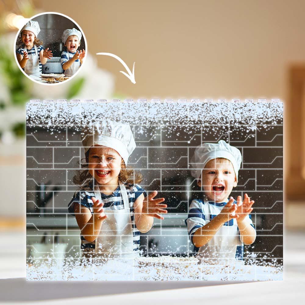 Custom LED photo block with two children, a perfect gift for DIY lovers. Featuring UV printing and dimmable LED lights.