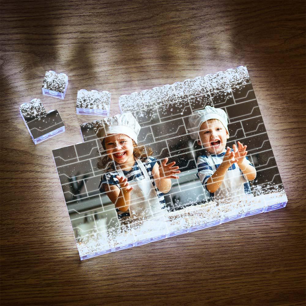 Custom LED photo block with two children, DIY building brick style, dimmable light, UV printed.