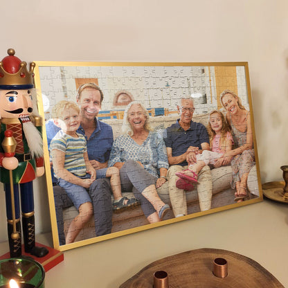 Personalized photo jigsaw puzzle, featuring family gathering, a perfect gift for grandparents, framed.