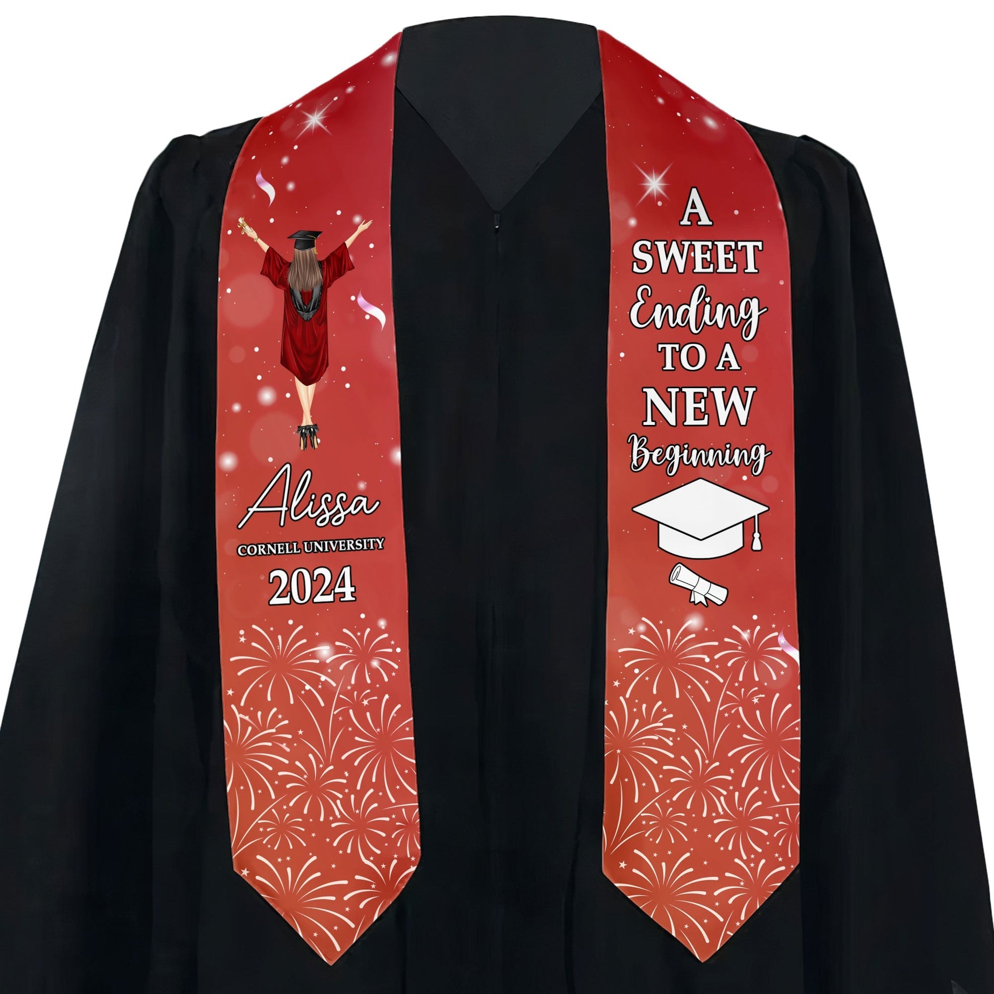 Red graduation stole with custom print and graduation sash, satin blend, graduation gift.