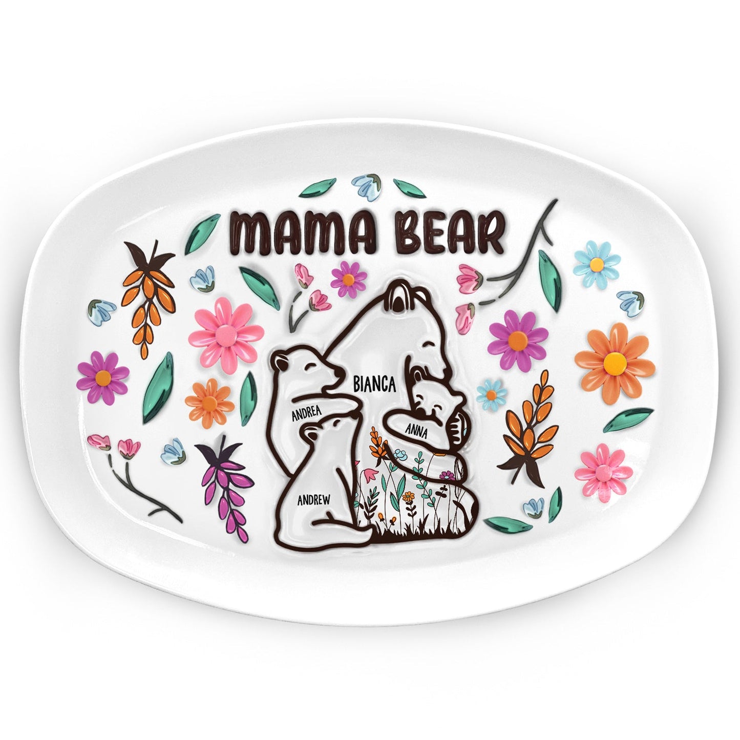 Mama Bear floral plate gift, BPA-Free plastic, custom design for Mom/Grandma.
