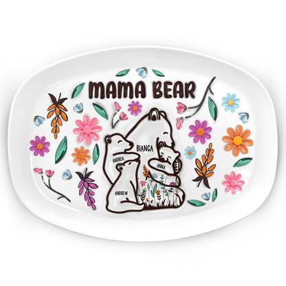 Mama Bear floral plate gift, BPA-Free plastic, custom design for Mom/Grandma.
