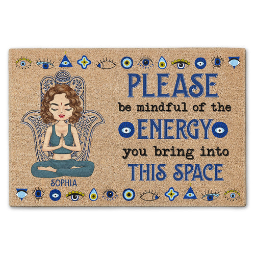 Personalized doormat with meditating woman and inspirational quote, perfect for yoga lovers.
