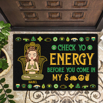 Personalized doormat with meditating woman and 'Check Yo Energy' quote, yoga gift.