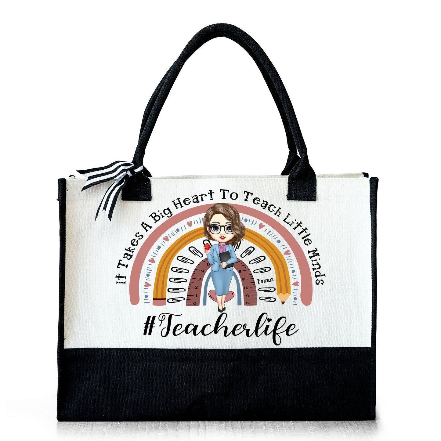 Personalized Teacher Tote Bag - 'It Takes A Big Heart' design, Back to School gift, cotton canvas tote