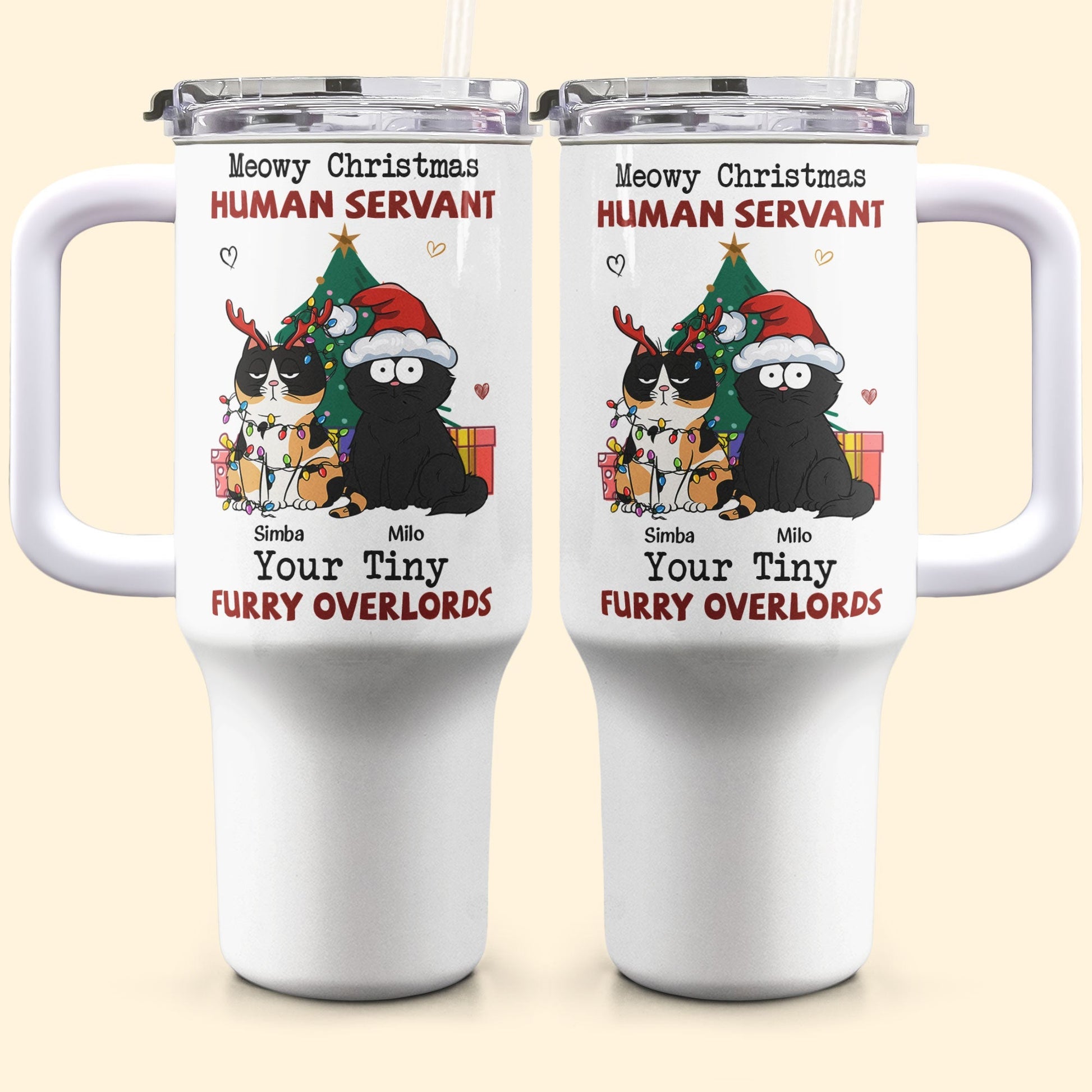 Personalized Meowy Christmas Tumblers with cat design, stainless steel, 40oz, perfect cat lover gift