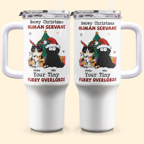 Personalized Meowy Christmas Tumblers with cat design, stainless steel, 40oz, perfect cat lover gift