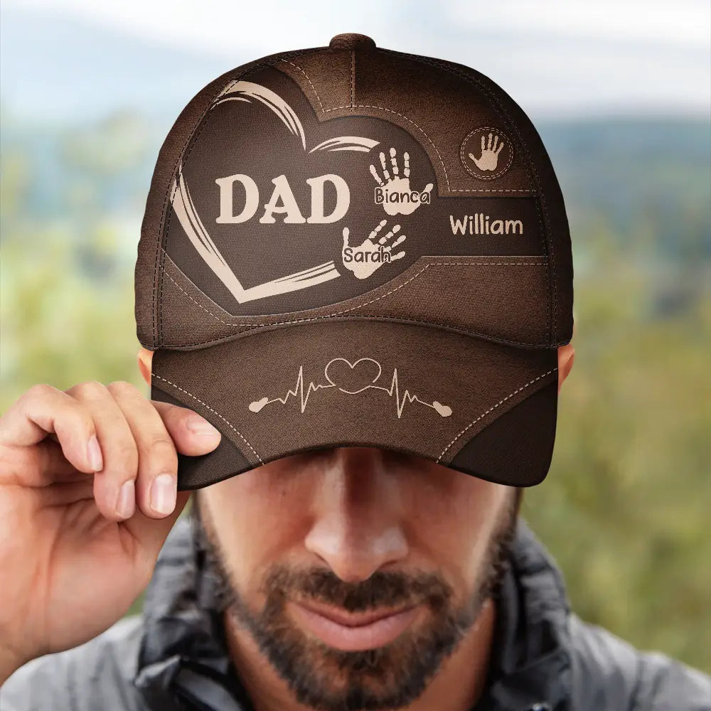 Personalized Classic Cap with Dad Handprints. Brown polyester-cotton blend, adjustable fit, family gift.