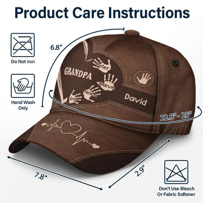 Personalized Brown Grandpa Dad Kids Handprints Cap - Family gift, adjustable fit, polyester-cotton blend.