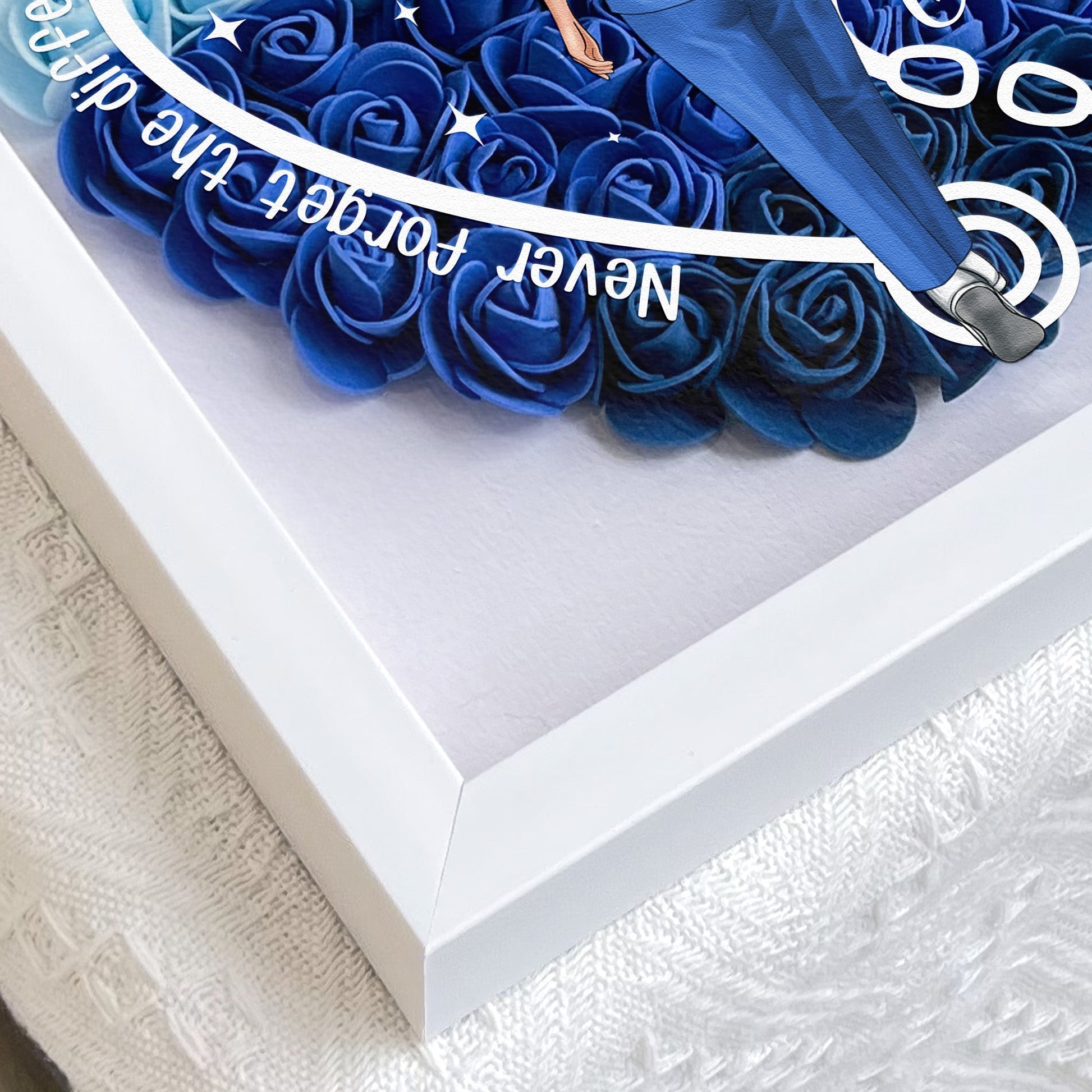 Personalized heart-shaped flower shadow box for nurses and doctors, blue and white PE foam flowers with inspiring message.