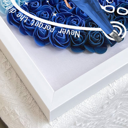 Personalized heart-shaped flower shadow box for nurses and doctors, blue and white PE foam flowers with inspiring message.