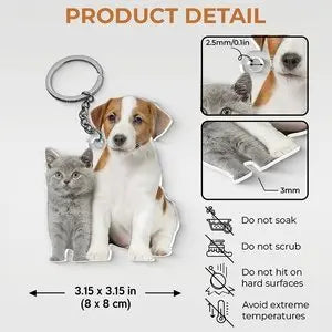 Custom photo acrylic keychain featuring a puppy and kitten, stainless steel ring, perfect pet gift