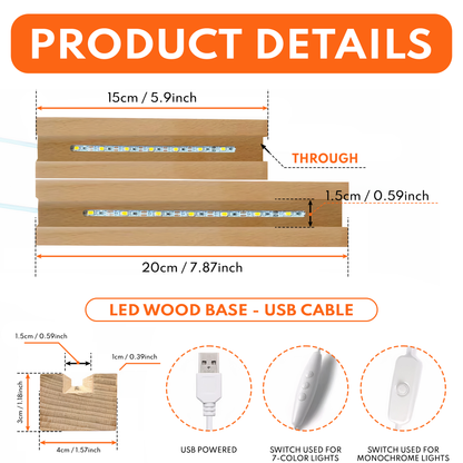 You & Me We Got This LED Night Light - Product Details: Dimensions, wooden base, and USB cable
