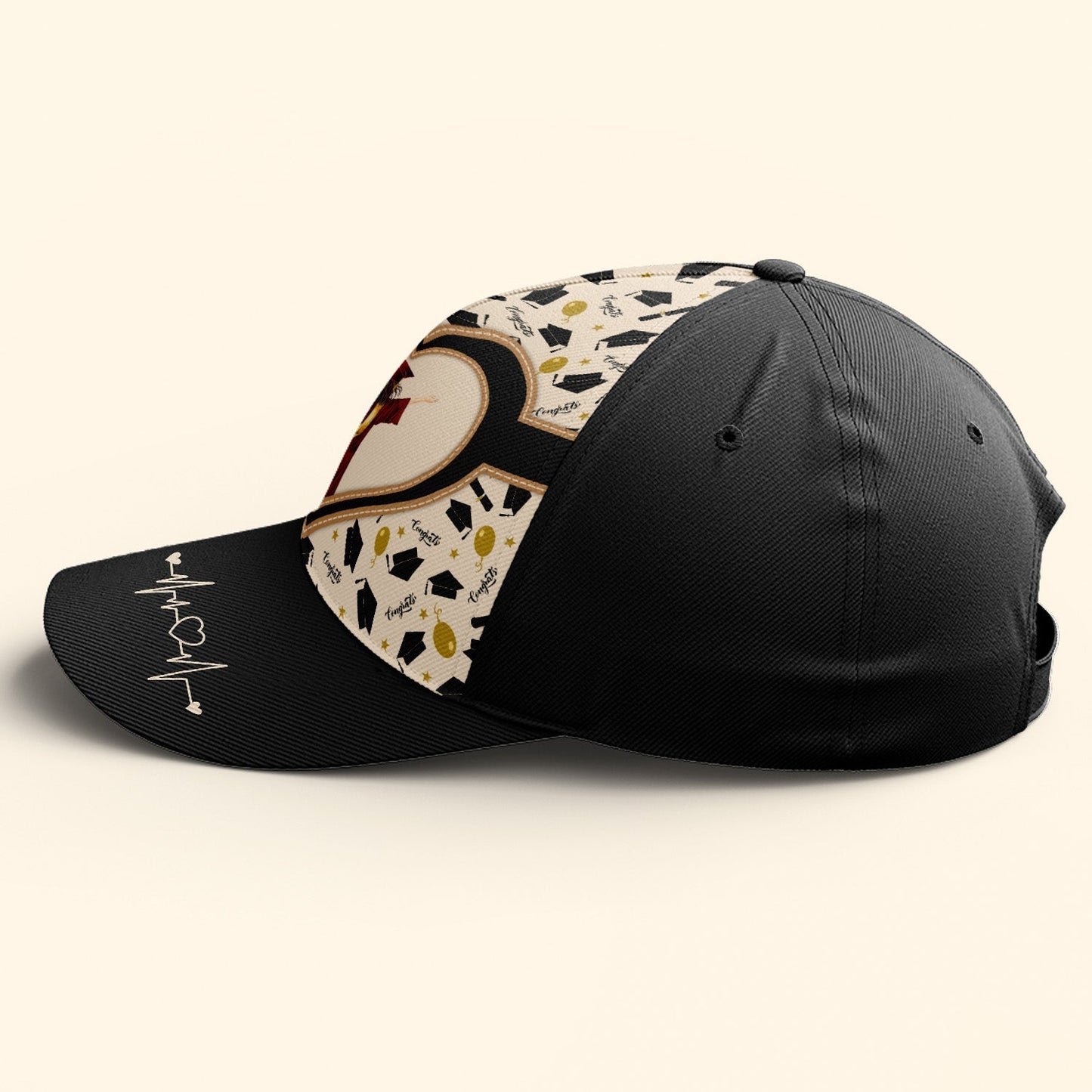 Personalized black graduation cap with "She Believed She Could So She Did" quote, polyester material, classic design.