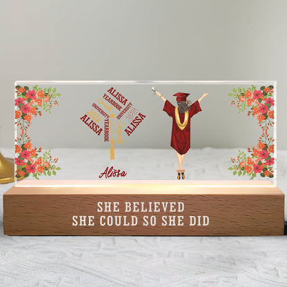 'She Believed She Could So She Did' LED night light with wooden base and acrylic panel