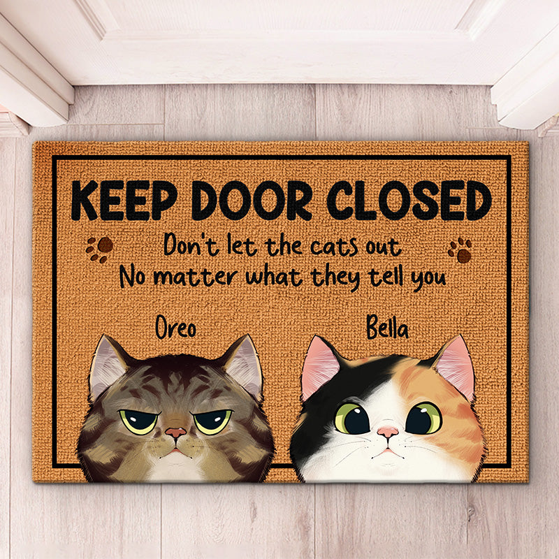 Personalized cat doormat with "Keep Door Closed" message and custom cat illustrations, a cute gift.