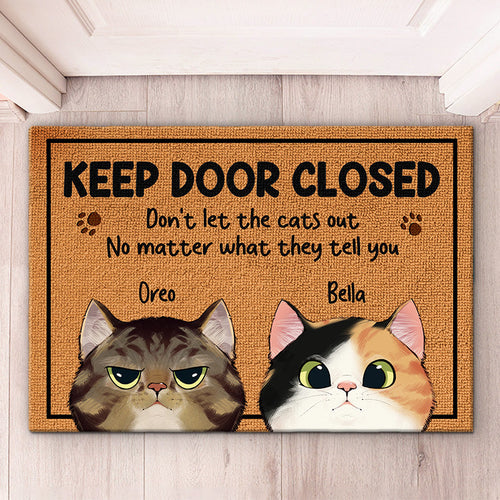 Personalized cat doormat with "Keep Door Closed" message and custom cat illustrations, a cute gift.