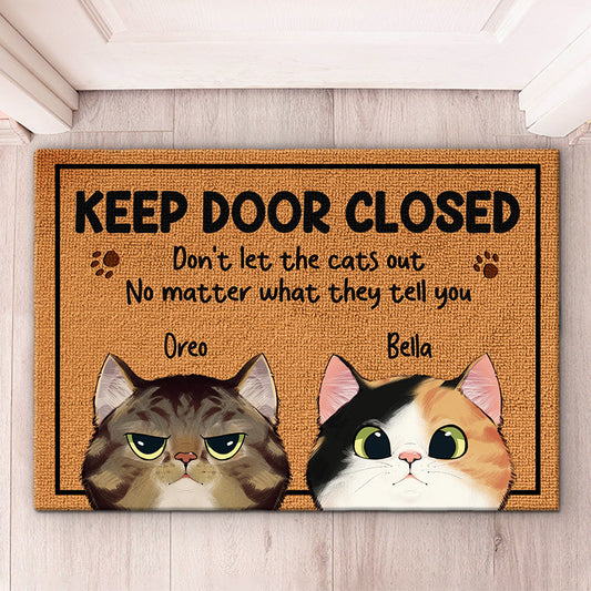 Personalized cat doormat with "Keep Door Closed" message and custom cat illustrations, a cute gift.