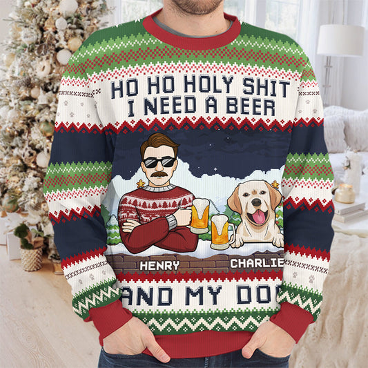 Funny Christmas sweater with "Ho ho holy sh*t I need a beer and my dogs" quote, perfect gift for pet lovers