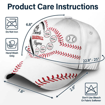 Personalized baseball cap with "My Favorite Baseball Players" design, white with red stitching, care instructions.