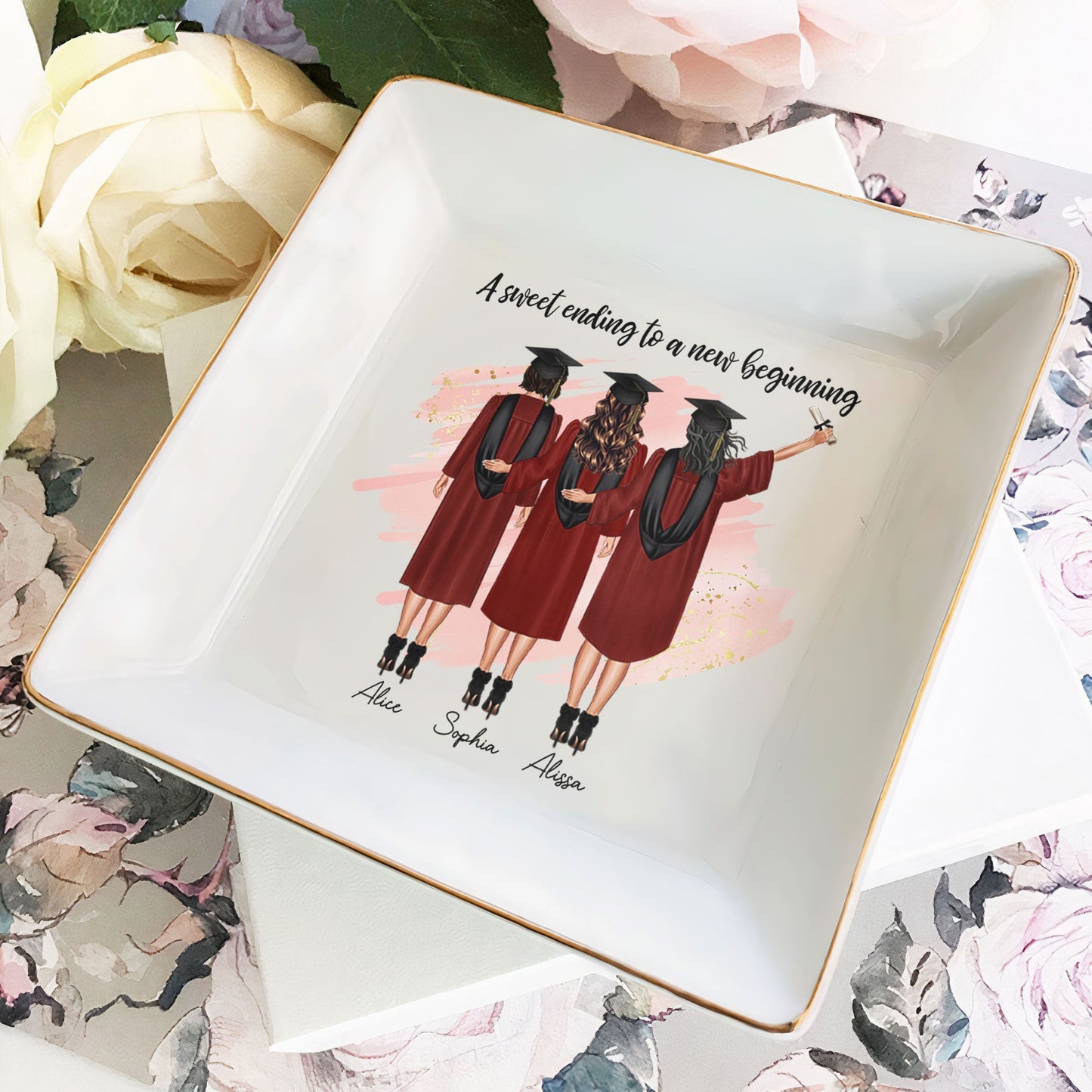 Graduation keepsake jewelry dish with gold rim, featuring 'We Believed We Could So We Did' quote, perfect graduation gift.