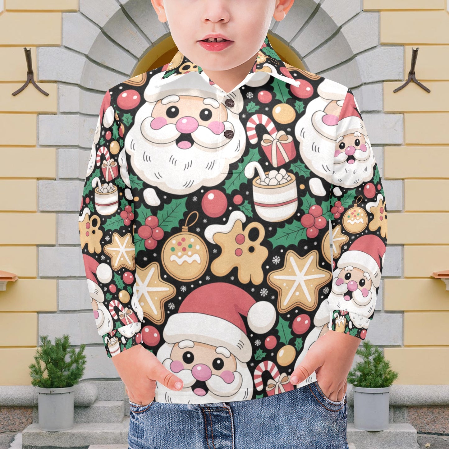 Little Boys’ Long Sleeve Christmas Polo Shirt – Santa & Reindeer, Snowman & Cocoa, or Gingerbread Wonderland | Festive Holiday Top for Kids (Ages 2–7)