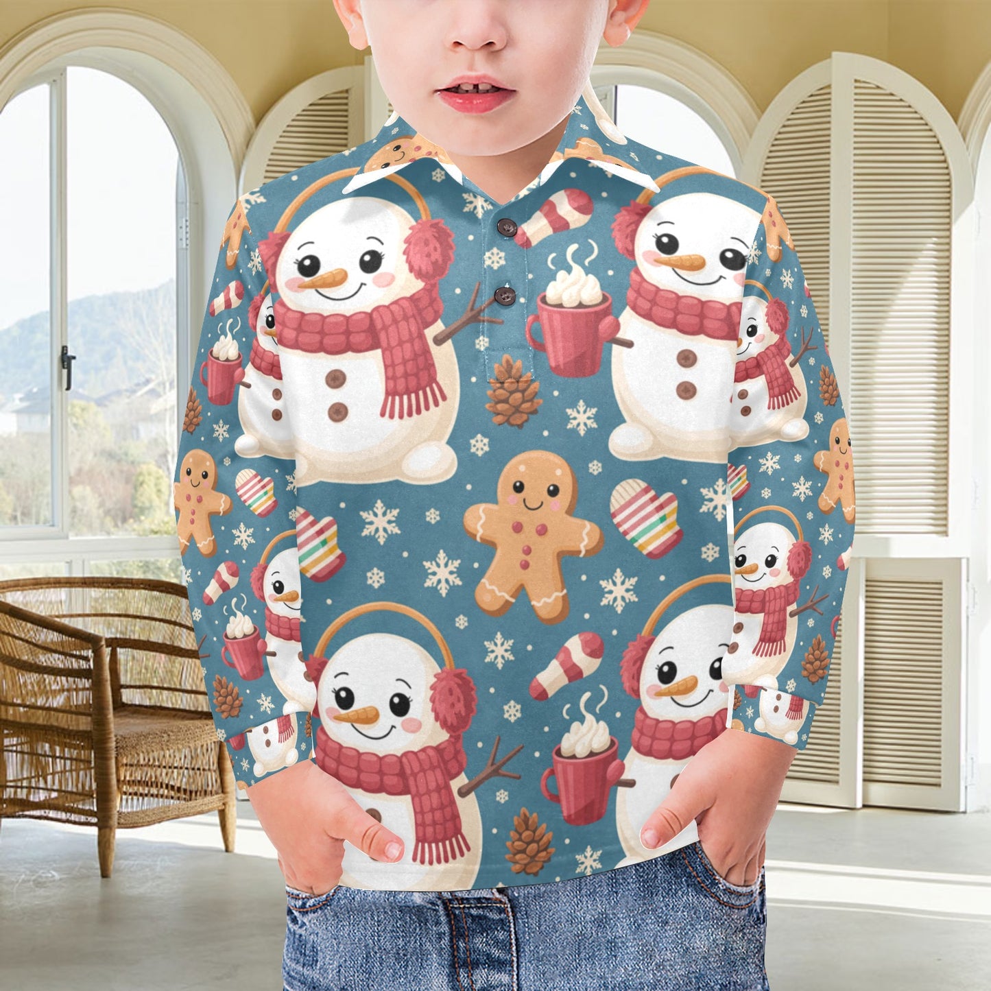 Little Boys’ Long Sleeve Christmas Polo Shirt – Santa & Reindeer, Snowman & Cocoa, or Gingerbread Wonderland | Festive Holiday Top for Kids (Ages 2–7)